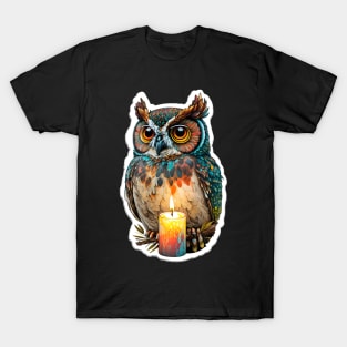 Colorful Owl Painting with a Candle T-Shirt